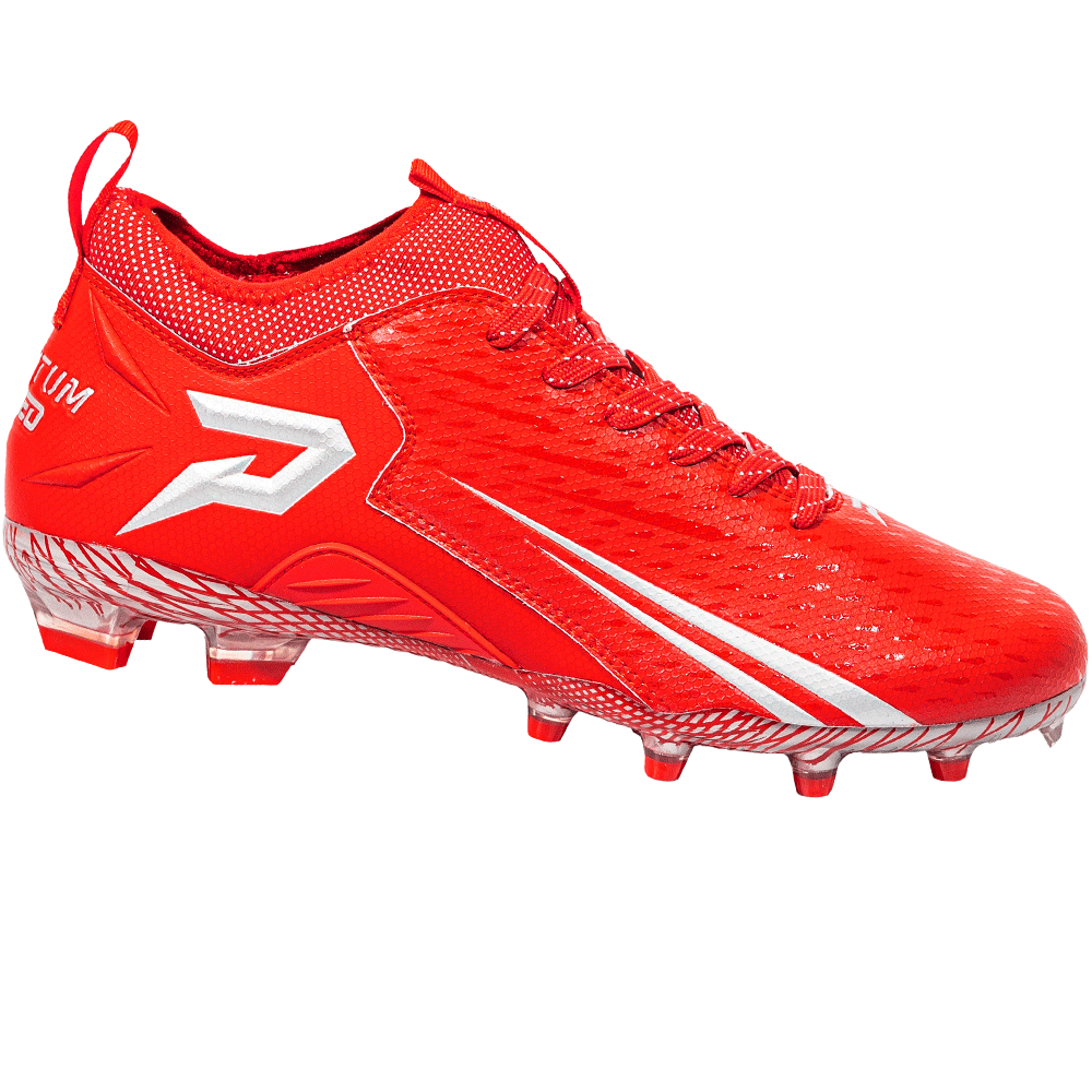 Phenom Elite Quantum Speed 2.0 football cleat in red, side profile with silver P logo, speed stripes, and molded studs
