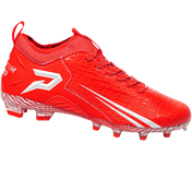 Phenom Elite Quantum Speed 2.0 football cleat in red, side profile with silver P logo, speed stripes, and molded studs