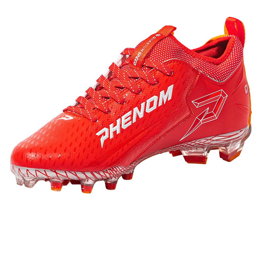 Phenom Elite Quantum Speed 2.0 football cleat in red, angled view of the PHENOM lettering, lace-up front, and heel pull tab