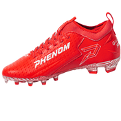 Phenom Elite Quantum Speed 2.0 cleat in red, inside view with silver PHENOM lettering, outlined P logo, and clear studs
