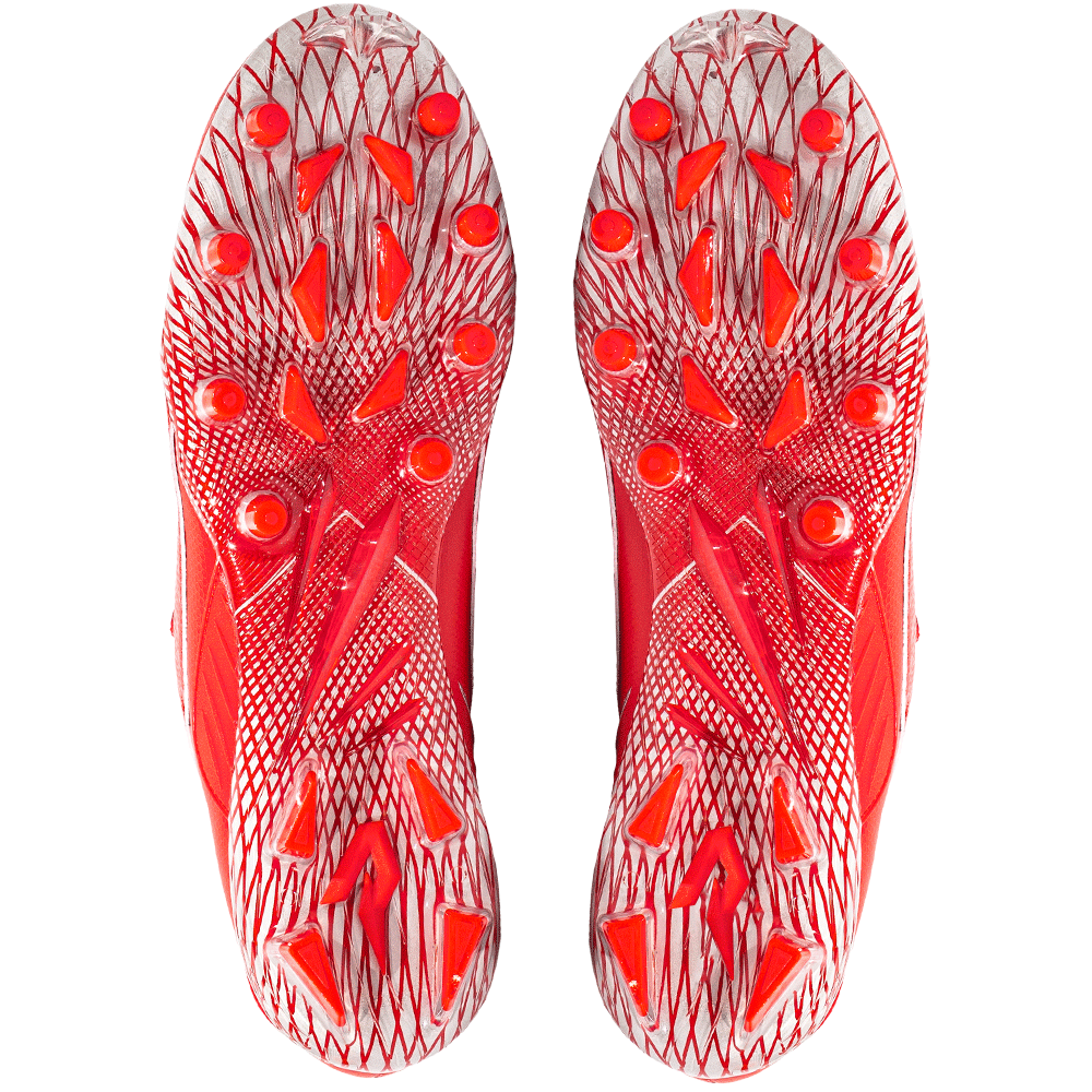 Phenom Elite Quantum Speed 2.0 football cleats in red, bottom view of the TPU traction plate and multidirectional stud pattern