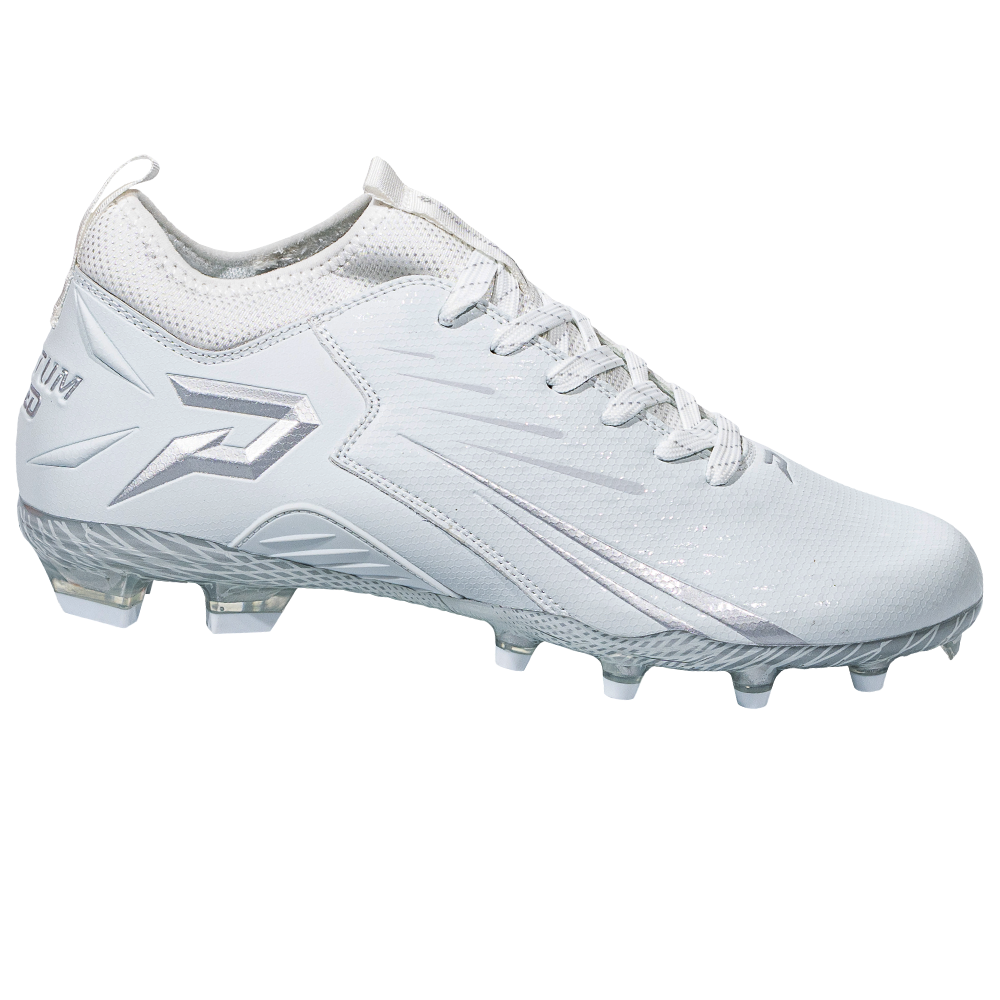 Phenom Elite Quantum Speed 2.0 football cleat in white, side profile with white P logo, speed stripes, and molded studs