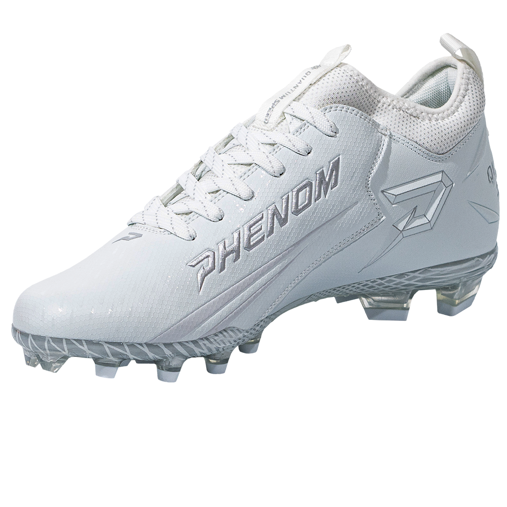Phenom Elite Quantum Speed 2.0 football cleat in white, angled view of the PHENOM lettering, lace-up front, and heel pull tab