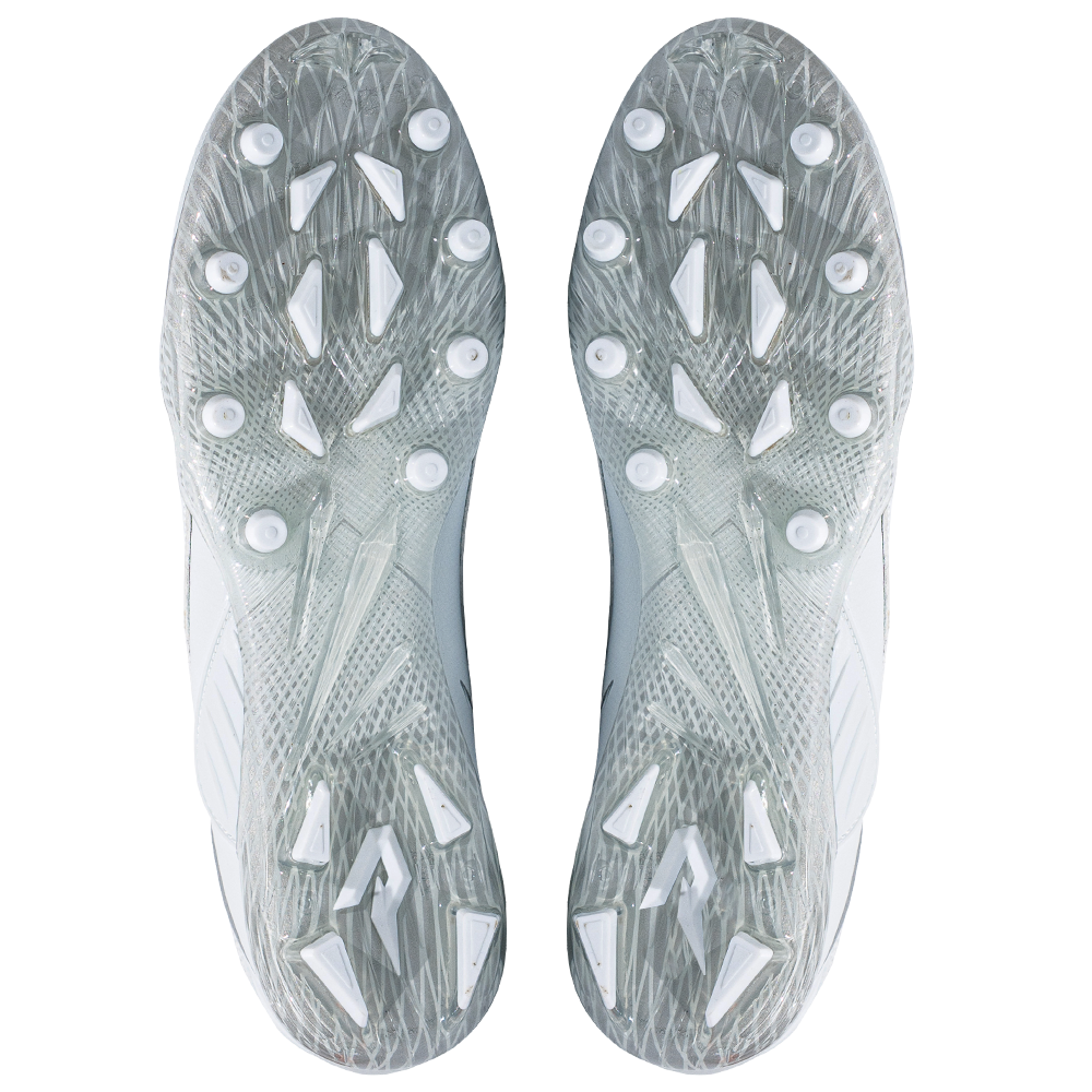 Phenom Elite Quantum Speed 2.0 football cleats in white, bottom view of the TPU traction plate and multidirectional stud pattern