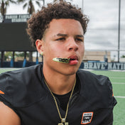 Youth Tackle Football Athlete Wearing Shock Doctor Trash Talker Black Lux Mouthguard