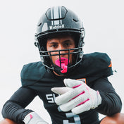 Youth Tackle Football Athlete Wearing Shock Doctor Pink Bolt Lip Guard