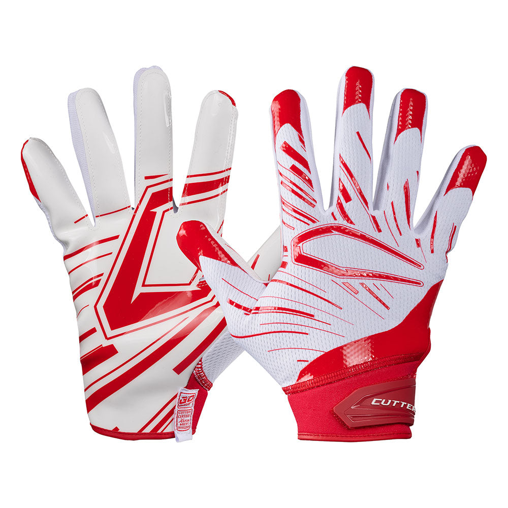 Red Receiver Football Gloves - Ideal For 7v7, Youth, High School, and Collegiate Play - Front and Back of Glove