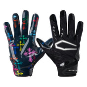 Cutters Divine Drip Game Day Pro Limited-Edition Receiver Gloves shown on both hands in action pose, displaying black backhand design with white Cutters C-shield logo and neoprene wrist cuff