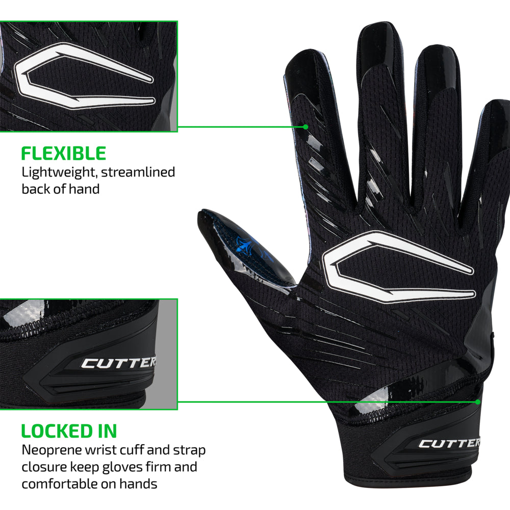 Cutters Divine Drip Game Day Pro Limited-Edition Receiver Gloves backhand view highlighting Flexible lightweight streamlined construction and Locked In neoprene wrist cuff with strap closure