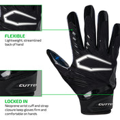 Cutters Divine Drip Game Day Pro Limited-Edition Receiver Gloves backhand view highlighting Flexible lightweight streamlined construction and Locked In neoprene wrist cuff with strap closure