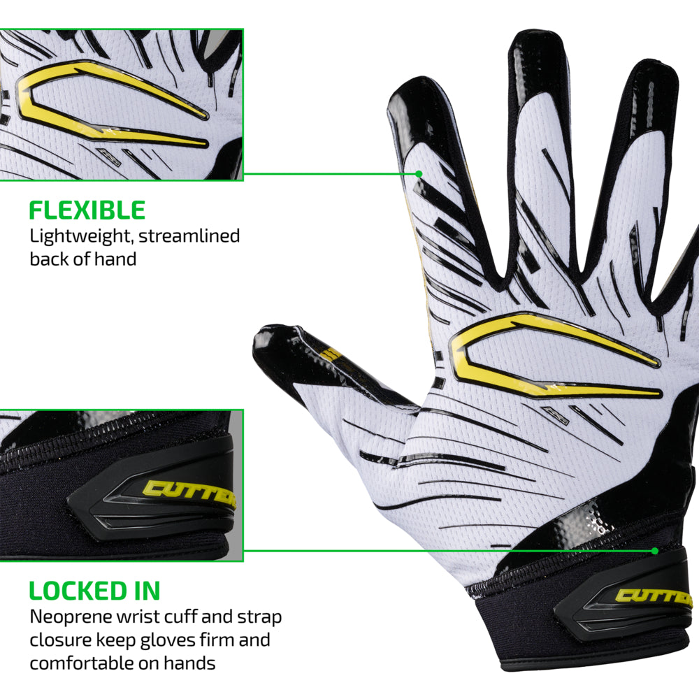 FLEXIBLE - Lightweight, streamlined back of hand;

LOCKED IN - Neoprene wrist cuff and strap closure keep gloves firm and comfortable on hands