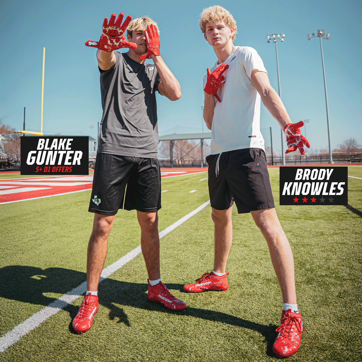 Football recruits Blake Gunter and Brody Knowles on a field wearing Kool-Aid Cherry cleats and gloves by Phenom Elite