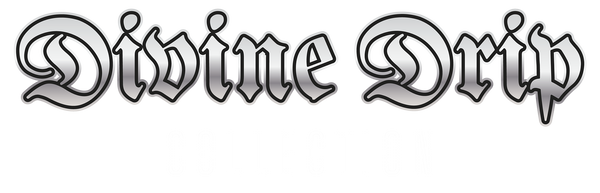 Decorative text 'Divine Drip Collection' with a silver and black color scheme on a white background.