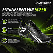 Black PHENOM Quantum Speed football cleat with callouts highlighting its lightweight microfiber upper, LockFit support system, and premium design.