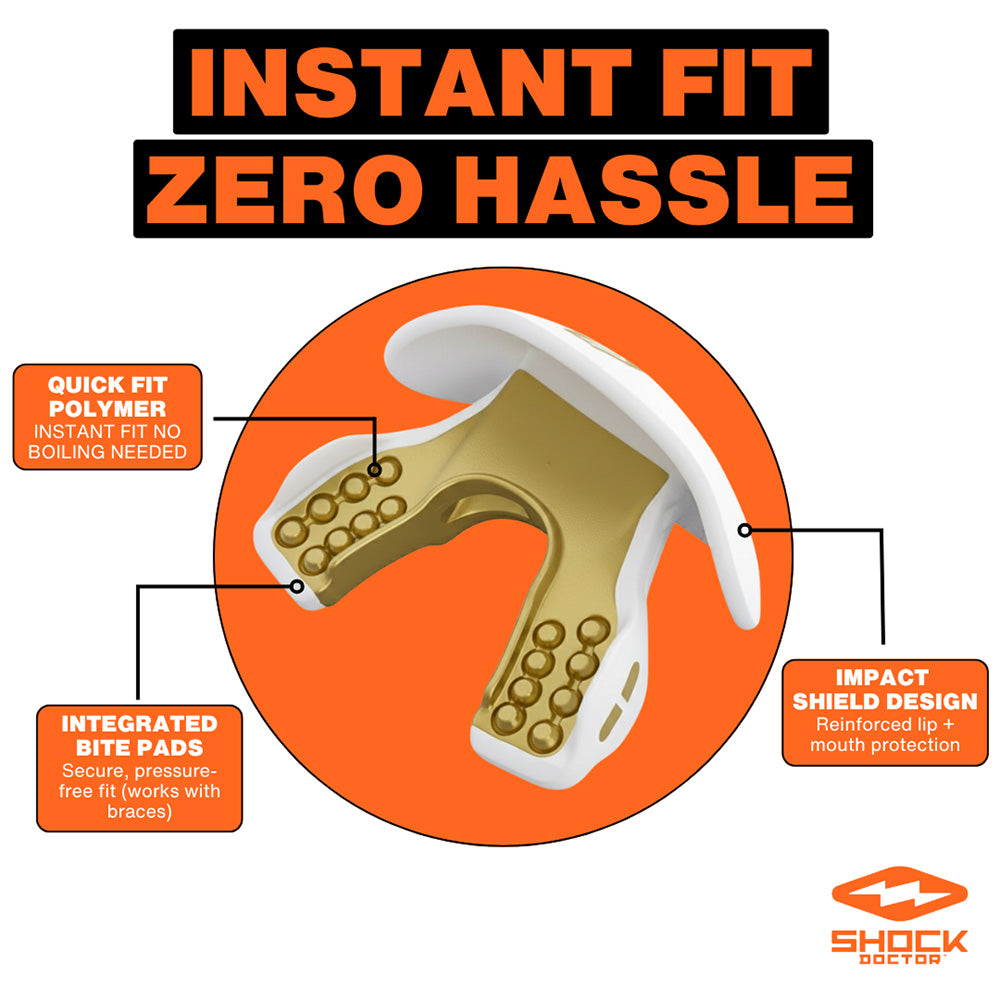 INSTANT FIT, ZERO HASSLE: 1) QUICK FIT POLYMER: Instant Fit No Boiling Needed 2) INTEGRATED BITE PADS: Secure, pressure-free fit (works with braces) 3) IMPACT SHIELD DESIGN: Reinforced lip + mouth protection