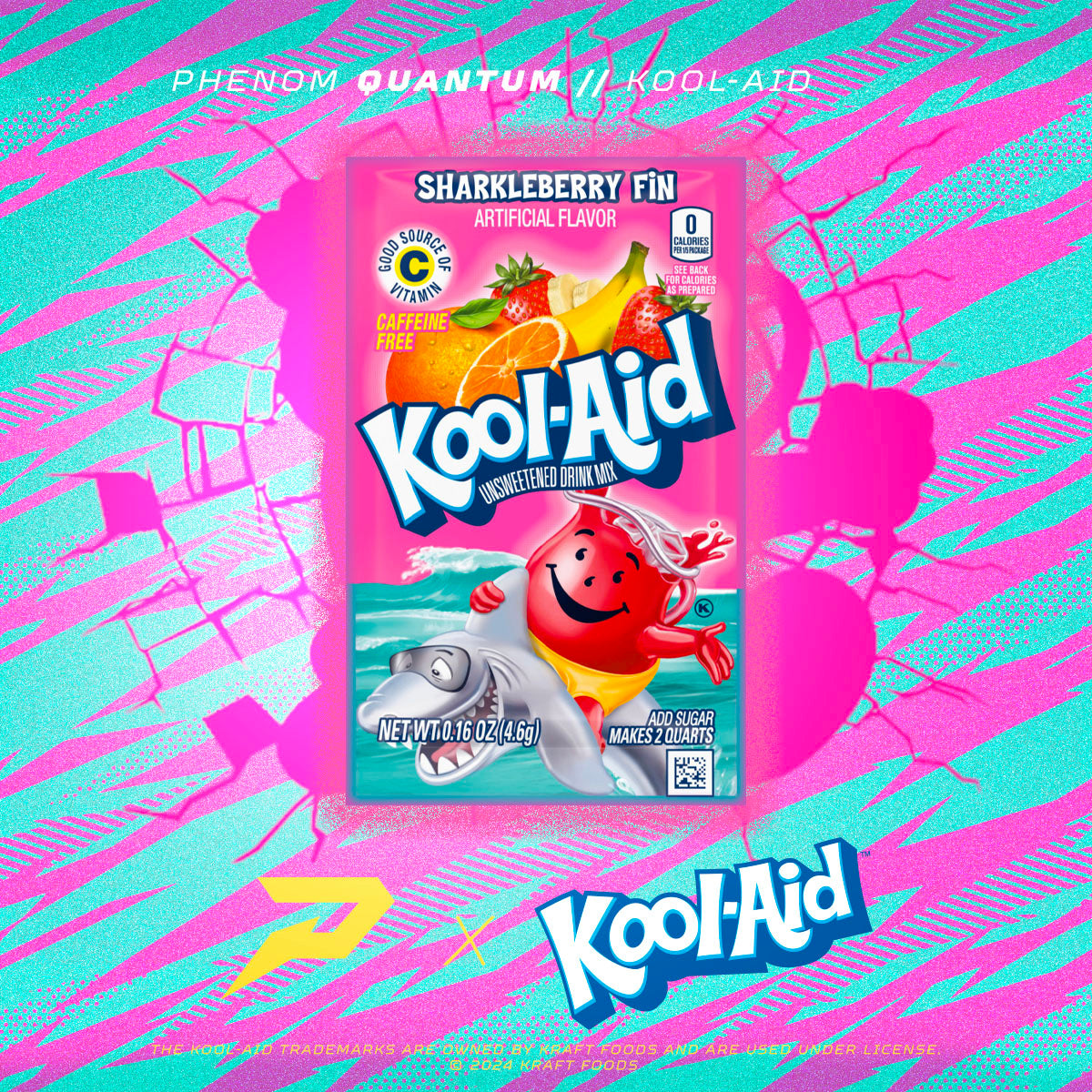 Kool-Aid Sharkleberry Fin drink mix packet with the Phenom x Kool-Aid logo on a pink and teal graphic