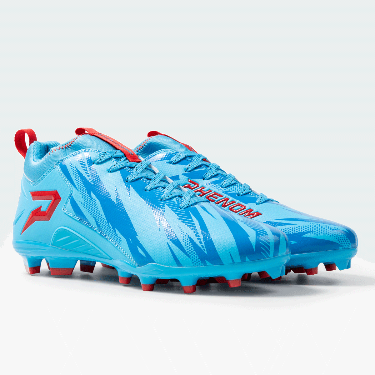 Kool-Aid Mixed Berry Quantum Speed cleats by Phenom Elite, light blue pair with red P logo and red PHENOM lettering
