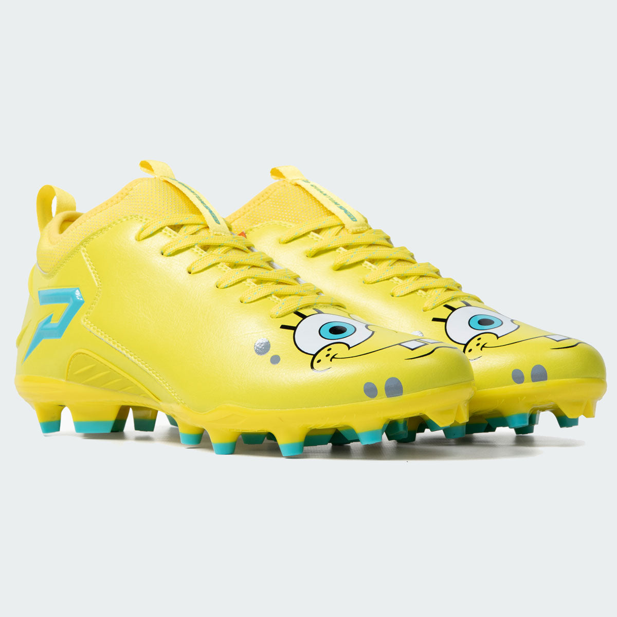 SpongeBob Quantum Speed 2.0 football cleats by Phenom Elite, yellow pair with SpongeBob’s face on the toes and teal P logo
