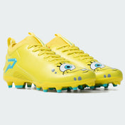 SpongeBob Quantum Speed 2.0 football cleats by Phenom Elite, yellow pair with SpongeBob’s face on the toes and teal P logo