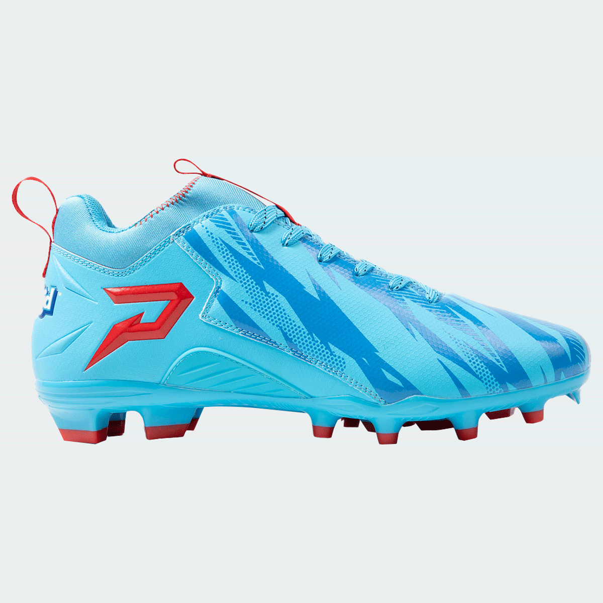 Kool-Aid Mixed Berry cleat by Phenom Elite, side profile in light blue with blue graphics and red P logo