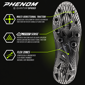 Outsole of the PHENOM Quantum Speed football cleat with callouts showing multi-directional traction, Sprint Sense traction plate, and flex zones for natural foot movement.