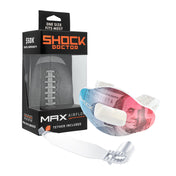 Shock Doctor Benjamins Max AirFlow Football Mouthguard - Red/Blue - Angle View Shown with Tether and Packaging