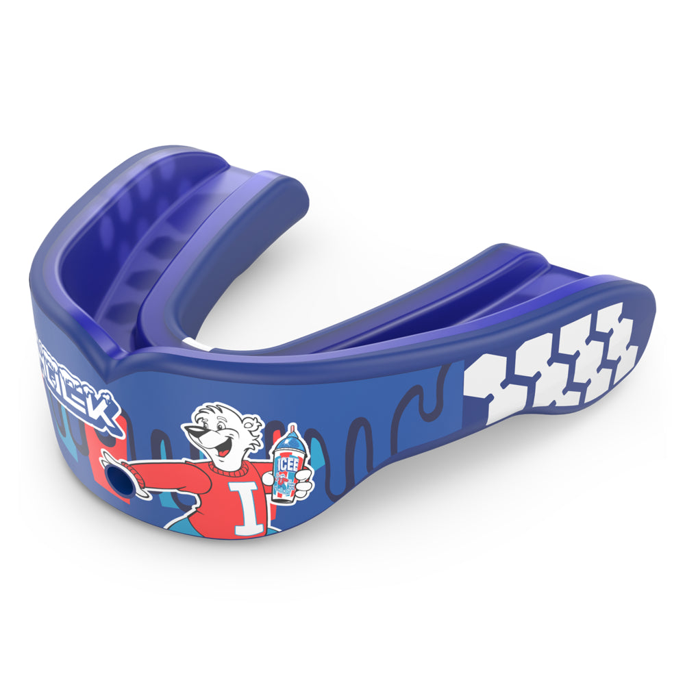 A blue and purple protective mouthguard featuring a cartoon mascot wearing a red jersey with a 'I' and holding an ice bottle, on a clean white background.