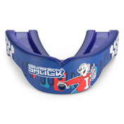 A blue mouthguard with 'SHOCK' printed in white and red, featuring a cartoon mascot wearing a red jersey, on a plain white background.