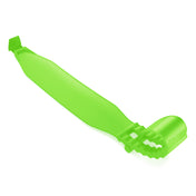A bright lime green plastic strap or band with a textured, ridged end, shown on a plain white background.