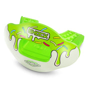 A bright lime green and white mouthguard with a dripping candy sauce design and colorful sprinkle accents, featuring the brand name 'SHOCK' on the front, set against a plain white background.
