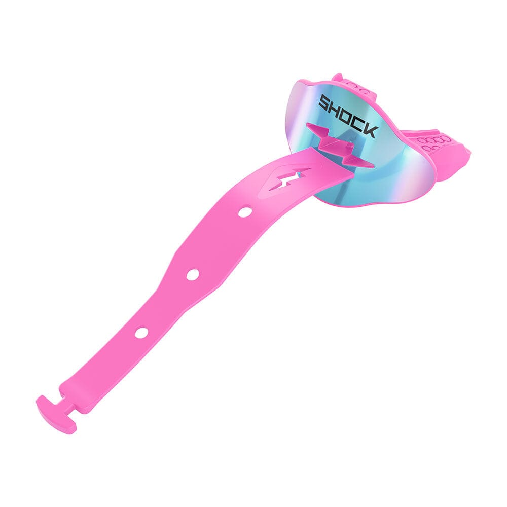 Shock Doctor Iridescent Pink Bolt Lip Guard - Front View with Strap