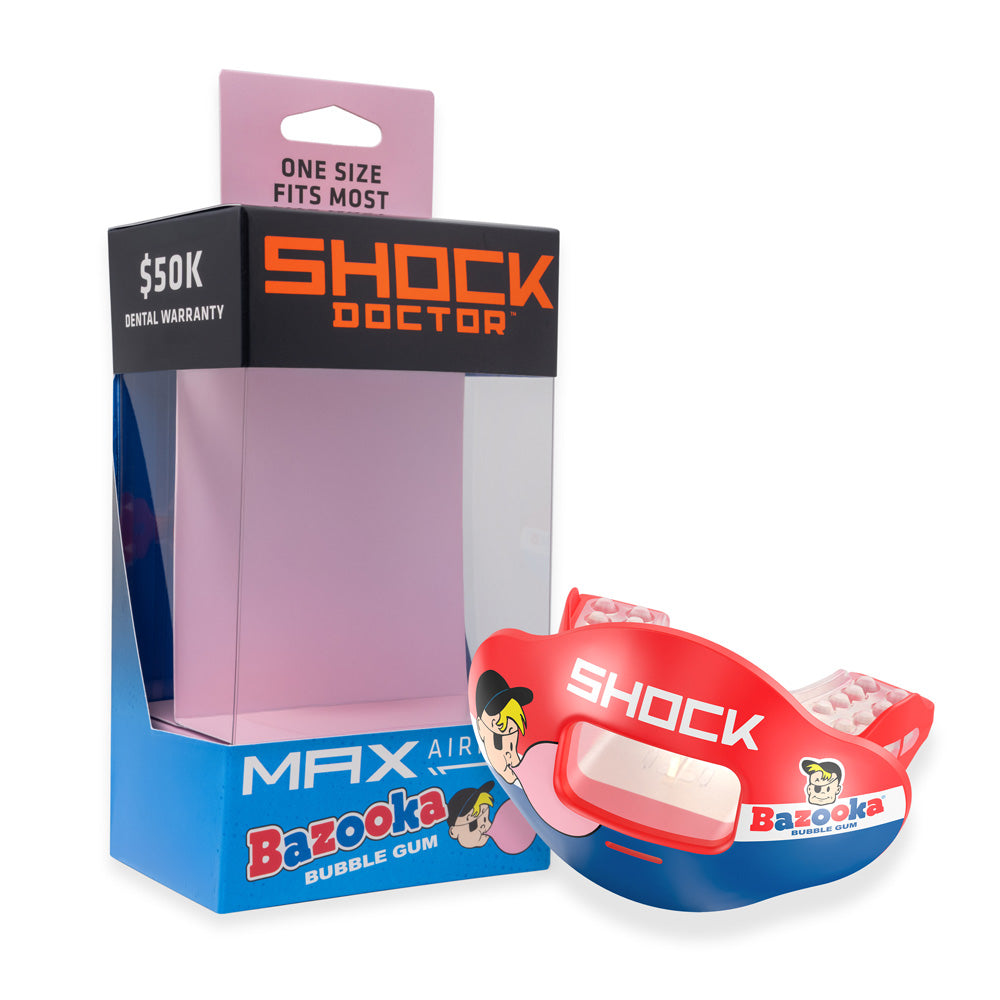 Shock Doctor Bazooka Joe Max AirFlow Football Mouthguard Packaging (Bubble Gum Flavor) - One Size Fits Most | $50K Dental Warranty