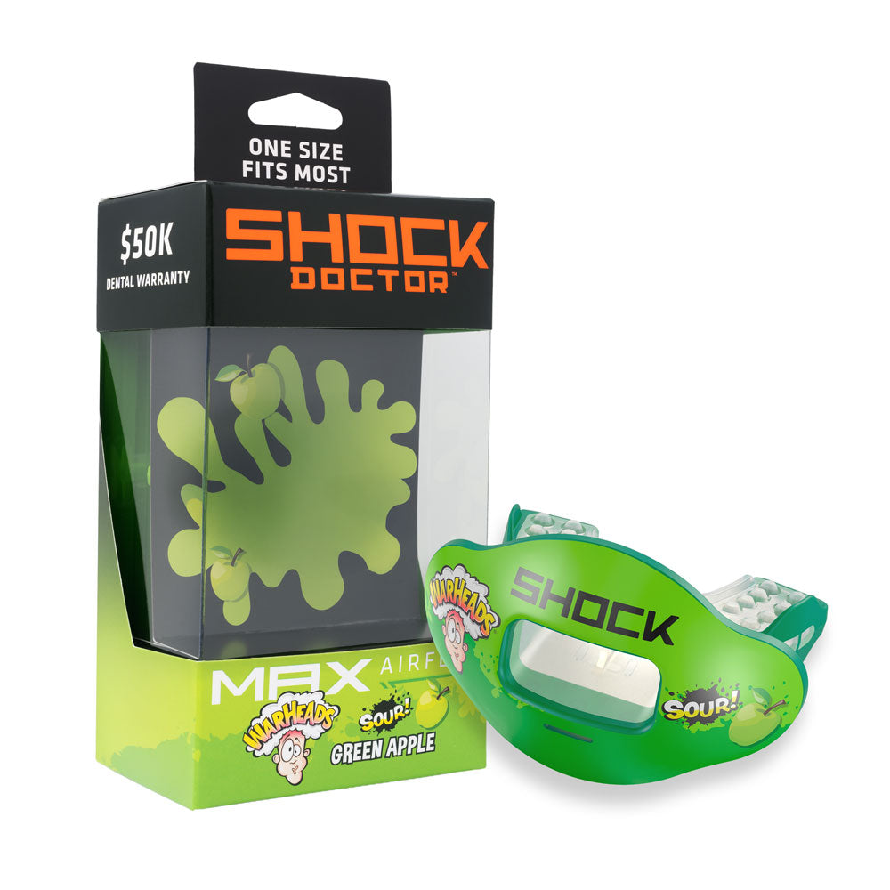 Shock Doctor Warheads Max AirFlow Football Mouthguard Packaging (Sour Green Apple Flavor) - One Size Fits Most | $50K Dental Warranty