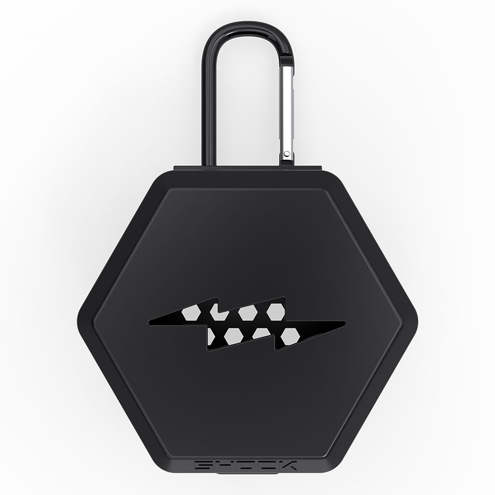 Shock Doctor Showtime Mouthguard Case in black, front view with carabiner clip and lightning-bolt logo