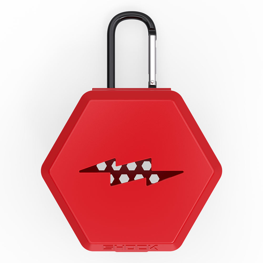 Shock Doctor Showtime Mouthguard Case in red, front view with carabiner clip and lightning-bolt logo