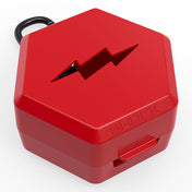 Shock Doctor Showtime Mouthguard Case in red, hexagonal ventilated case with carabiner clip, angled view