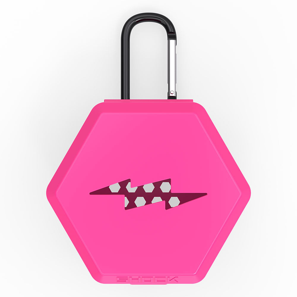 Shock Doctor Showtime Mouthguard Case in pink, front view with carabiner clip and lightning-bolt logo