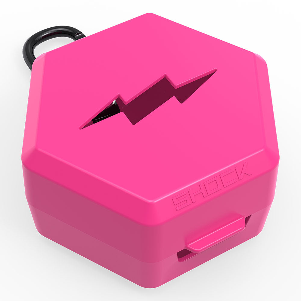 Shock Doctor Showtime Mouthguard Case in pink, hexagonal ventilated case with carabiner clip, angled view