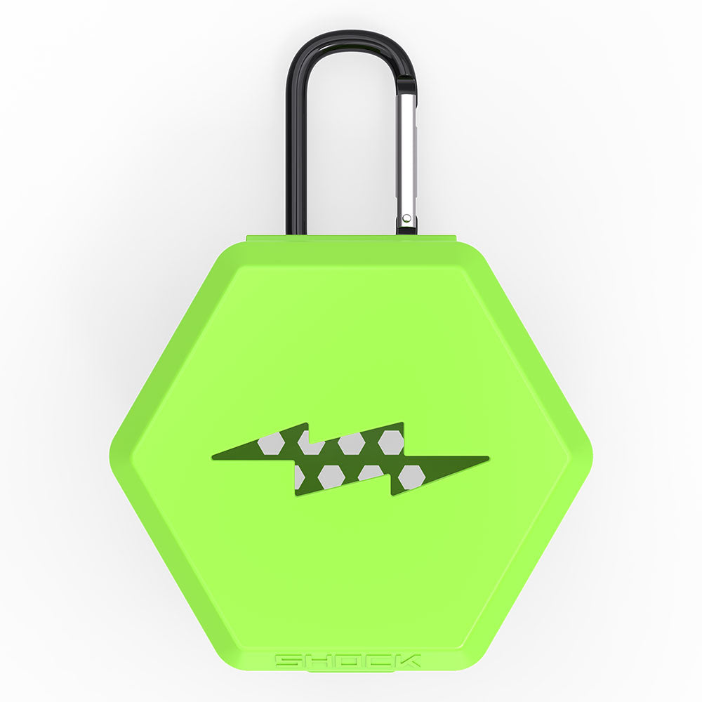 Shock Doctor Showtime Mouthguard Case in shock green, front view with carabiner clip and lightning-bolt logo