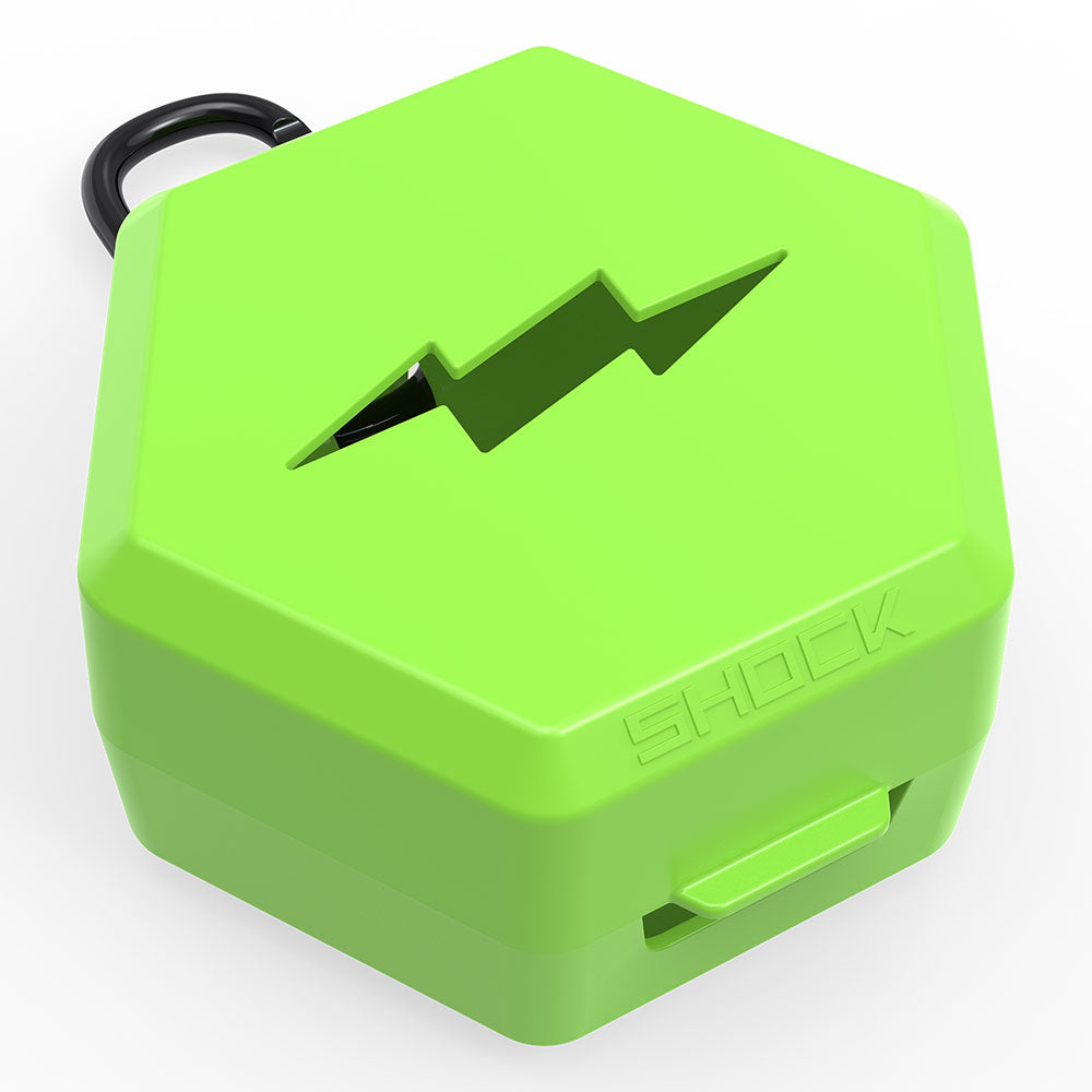Shock Doctor Showtime Mouthguard Case in shock green, hexagonal ventilated case with carabiner clip, angled view