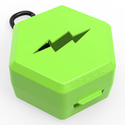 Shock Doctor Showtime Mouthguard Case in shock green, hexagonal ventilated case with carabiner clip, angled view