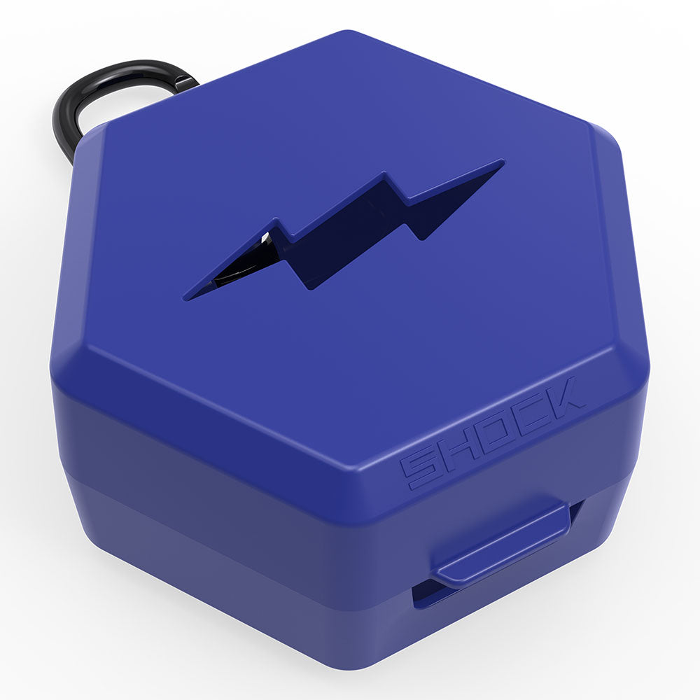 Shock Doctor Showtime Mouthguard Case in royal blue, hexagonal ventilated case with carabiner clip, angled view