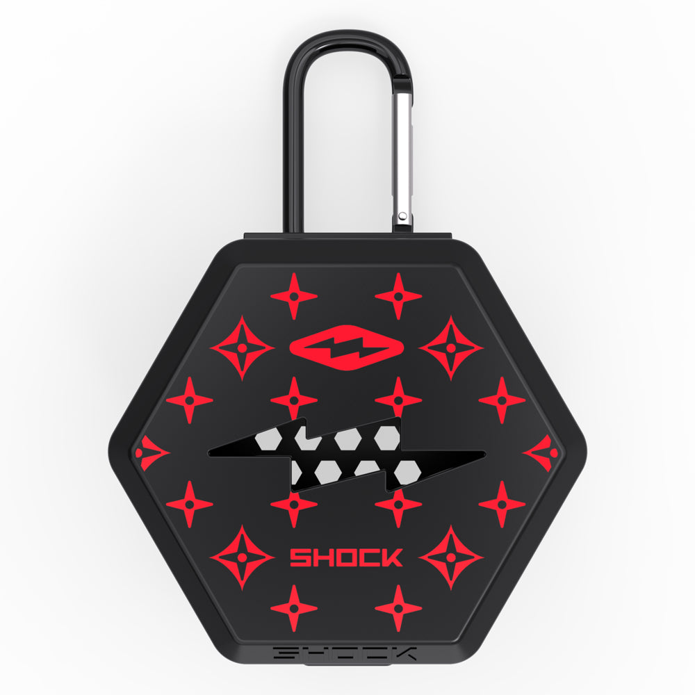 Shock Doctor Showtime Limited Edition Mouthguard Case in black and red lux, front view with carabiner clip and lightning-bolt logo