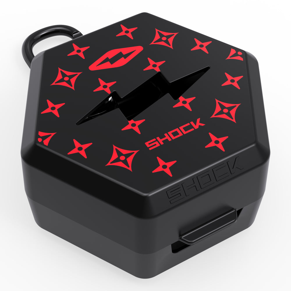 Shock Doctor Showtime Limited Edition Mouthguard Case in black and red lux, hexagonal ventilated case with carabiner clip, angled view