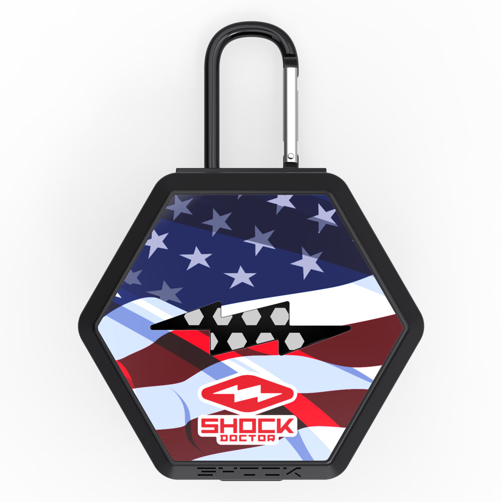 Shock Doctor Showtime Limited Edition Mouthguard Case in black and white flag print, front view with carabiner clip and lightning-bolt logo