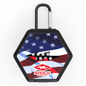 Shock Doctor Showtime Limited Edition Mouthguard Case in black and white flag print, front view with carabiner clip and lightning-bolt logo