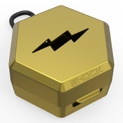 Shock Doctor Showtime Limited Edition Mouthguard Case in chrome gold, hexagonal ventilated case with carabiner clip, angled view