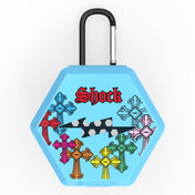 Shock Doctor Showtime Divine Drip Mouthguard Case in Columbia blue chrome drip pattern, front view with carabiner clip and lightning-bolt logo