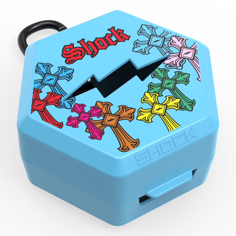 Shock Doctor Showtime Divine Drip Mouthguard Case in Columbia blue chrome drip pattern, hexagonal ventilated case with carabiner clip, angled view