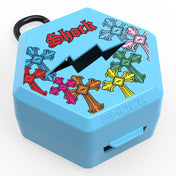 Shock Doctor Showtime Divine Drip Mouthguard Case in Columbia blue chrome drip pattern, hexagonal ventilated case with carabiner clip, angled view